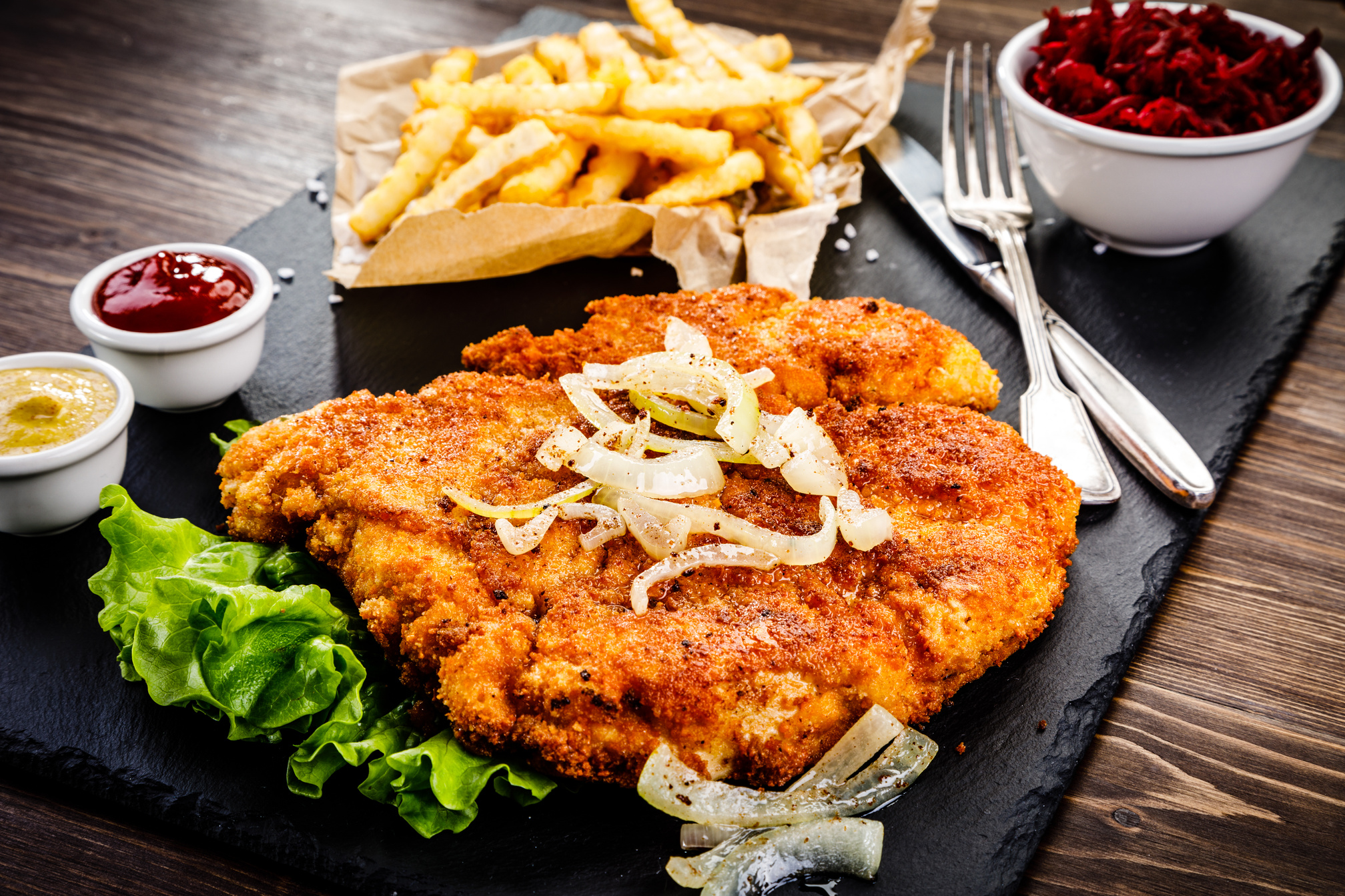 Schnitzel, French fries and beets